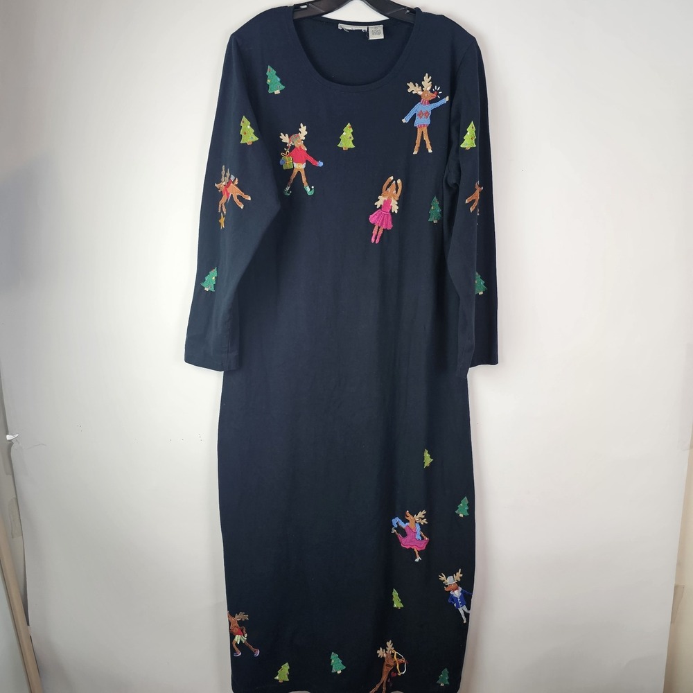 VTG Michael Simon Black Reindeers Embroidered Winter Dress Holiday Festive M LS